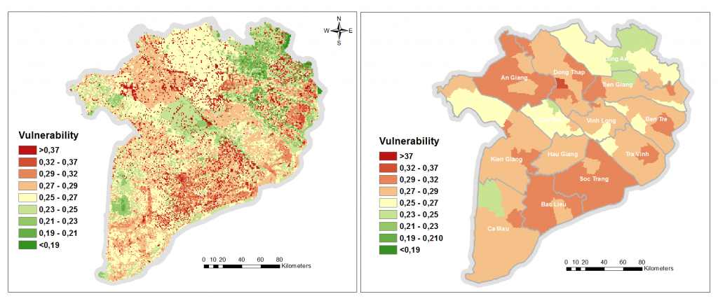 Figure 4. a) Yearly average vulnerability to dengue in grid map; b) that aggregated to administrative boundaries