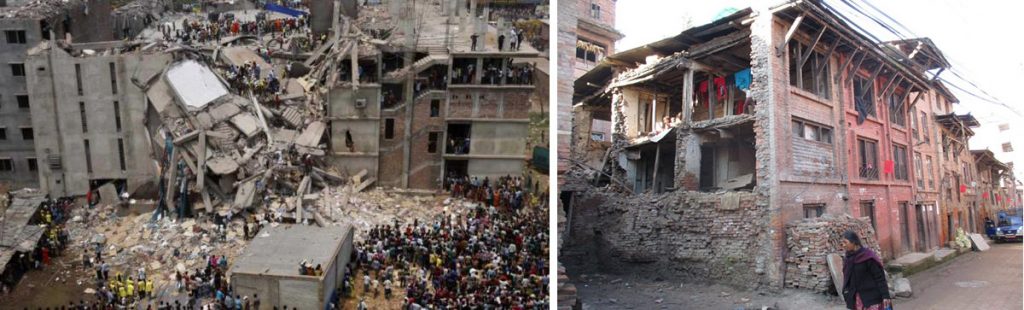 Figure 1. Recent disasters such as the Rana Plaza Garment Factory collapse in Bangladesh (left) (courtesy of Daily Star) and the 2015 Earthquake in Nepal that devastated many buildings (right) have raised local interest in building codes.