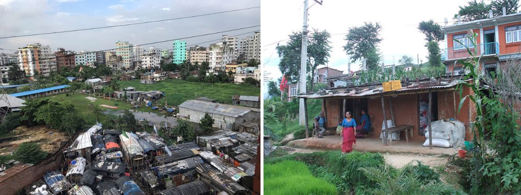 Figure 4. In both Bangladesh (left) and Nepal (right) there is a variety of informal construction from brick-and-concrete buildings to buildings made of traditional and less durable materials.