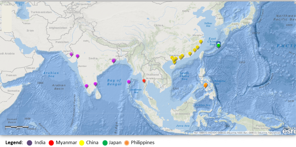 Figure 1. Location map of study areas in Asia. Source: ArcGIS Online.