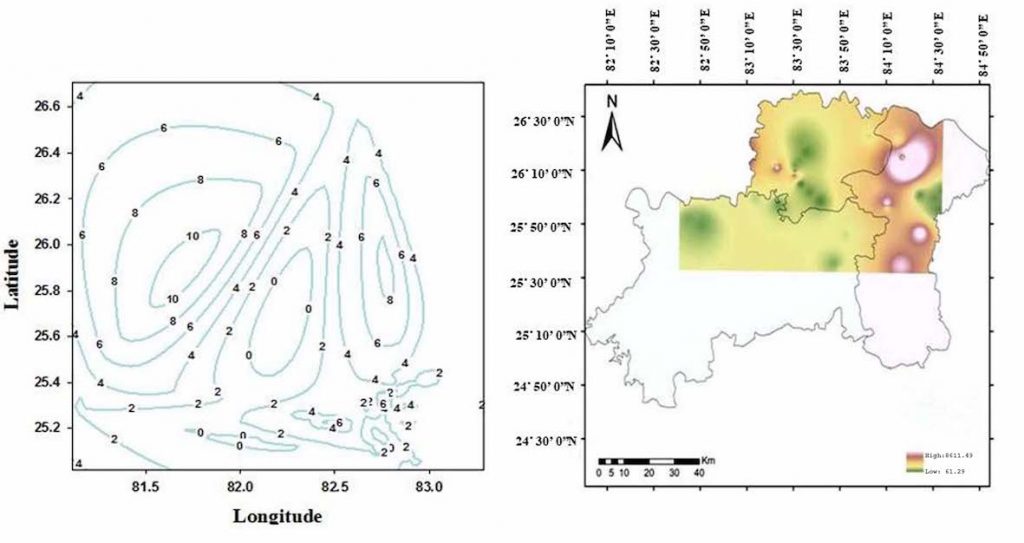 Figure 2. Contour map for salinity levels (a) and salinity (in μS cm<sup>-1</sup>) map of the region (b).