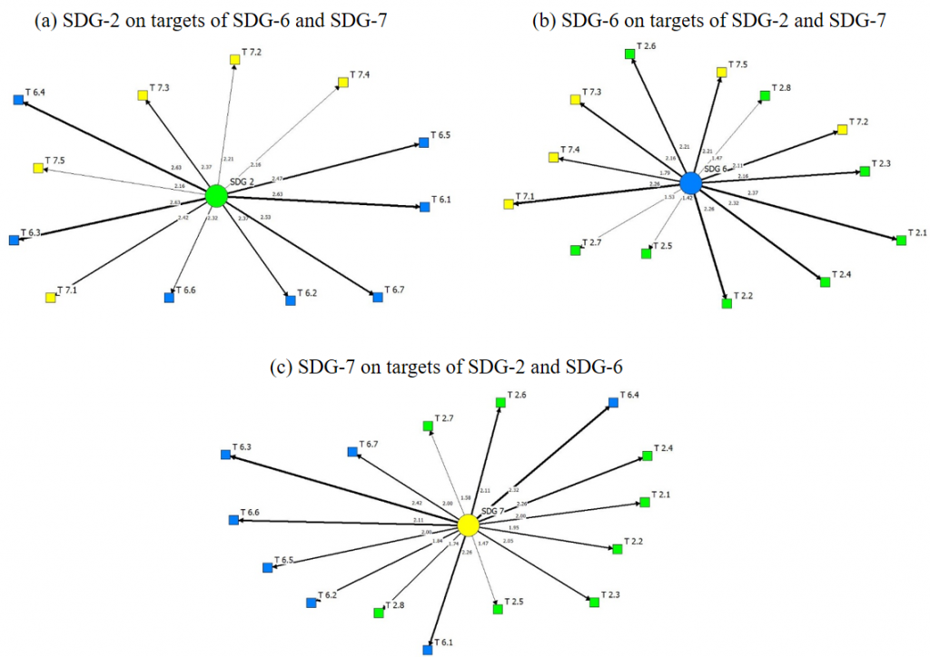 Figure 2. Visualisation of stakeholders’ perceptions on the dependency of SDGs of food, water and energy on targets of other goals.