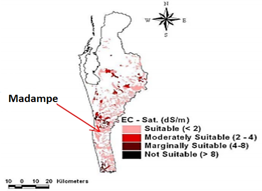 Figure 3. Soil salinity map for Puttalam District and Madampe site in Sri Lanka