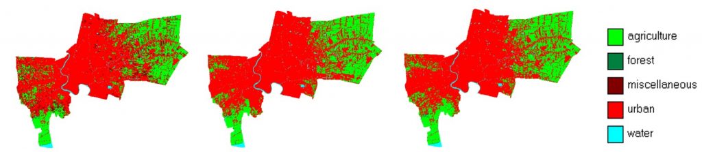 Figure 3. A comparison between 2013 and 2050 Bangkok land-use for BAU and GG scenarios.