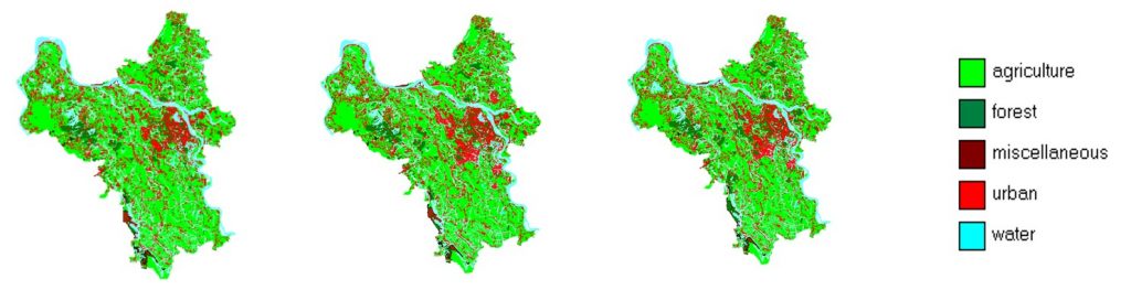 Figure 4. A comparison between 2015 and 2050 Hanoi land-use for BAU and GG scenarios.