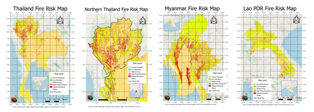 Figure 1. Constructed fire risk maps of Thailand, Northern Thailand, Myanmar, and Lao PDR (Source: European Space Agency Climate Change Initiative, https://climate.esa.int/en/).