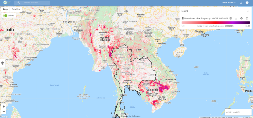 Figure 2. Upper ASEAN Risk Map by overlaying 22 years of burned areas as determined through MODIS (Source: https://earthmap.org/and https://lpdaac.usgs.gov/products/mcd64a1v006/).