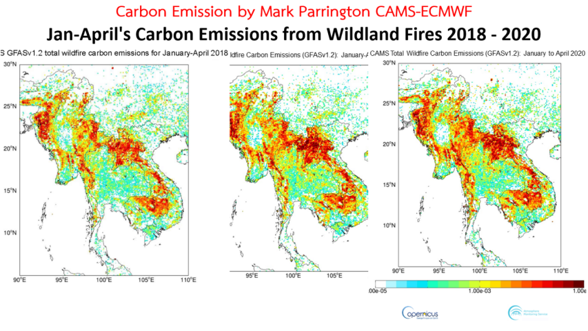 Figure 3. Combined maps of carbon emissions in the upper ASEAN region during January-April from wildland fires of years 2018 (left panel), 2019 (middle panel), and 2020 (right panel) (Source: Mark Parrington, GFAS-CAMS-ECMWF).