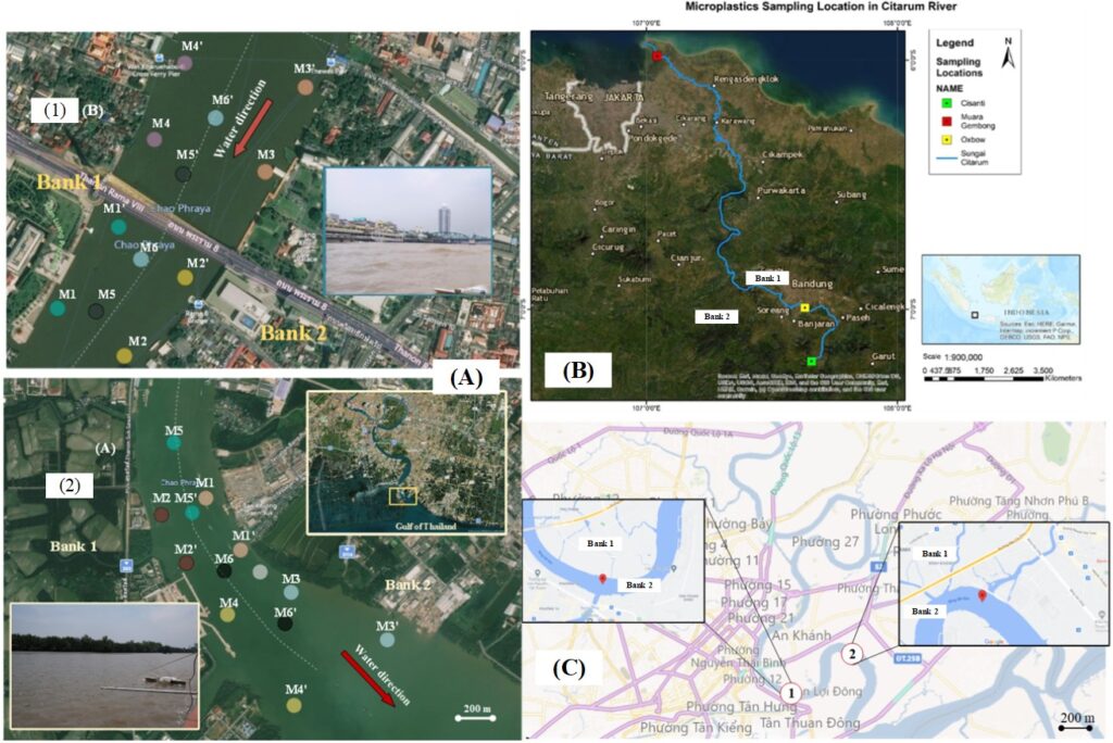 Figure 1. Sampling sites at selected rivers: (A) the Chao Phraya River, Thailand: (1) Bangkok (Tha Pra Chan area), (2) Pak Nam, Samut Prakan; (B) Citarum River, Indonesia, (C) Saigon River, Viet Nam: (1) urban zone, (2) estuary zone.