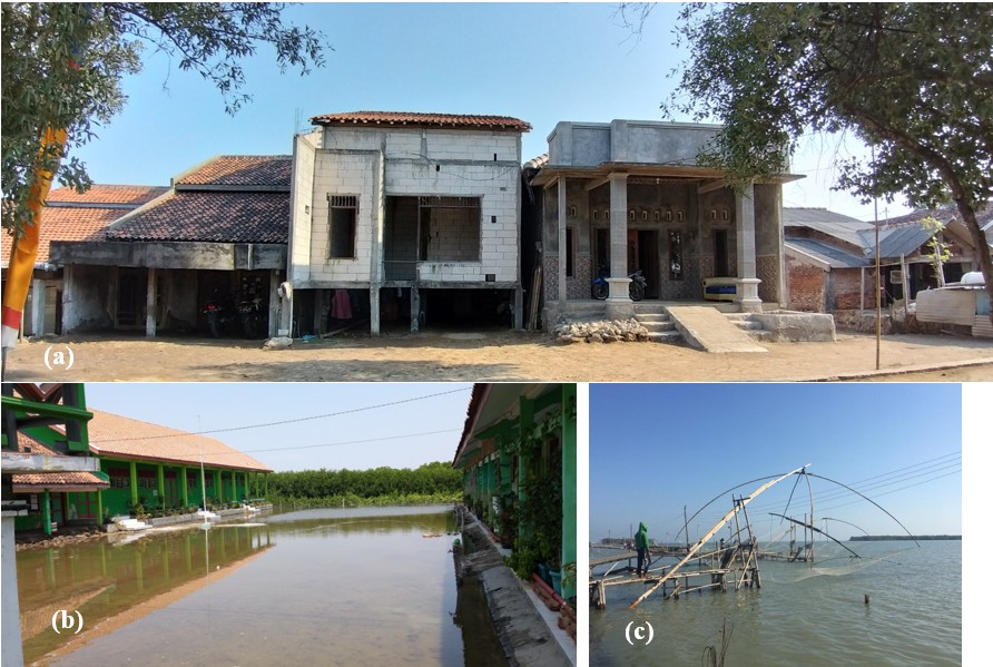 Figure 2. How people adapted to changing coastal areas in the study areas of Surodadi Village — Sayung subdistrict: (a) structural adjustments to housing, (b) school time adjustment, and (c) livelihood adjustment from farmers to fishermen.
