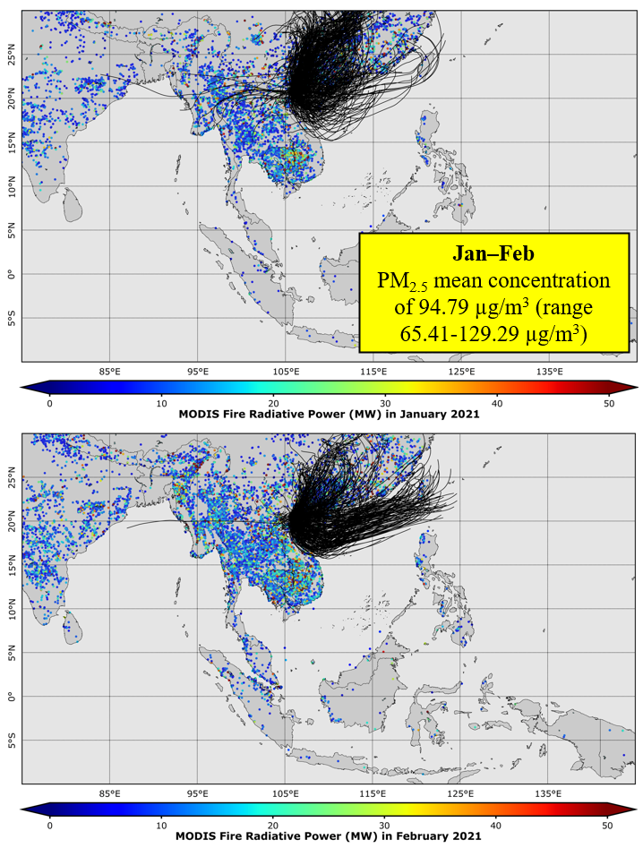 Figure 6. Maps of MODIS cumulative FRP in SEA during Jan-Feb 2021 and three-day air mass backward trajectories arrived at the sampling site in Hanoi.