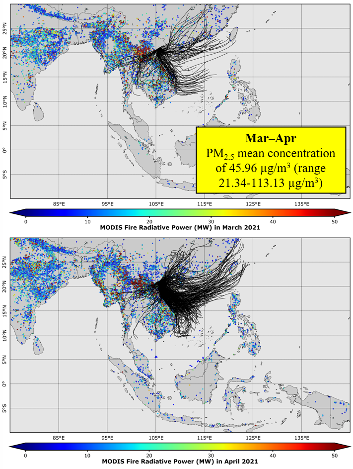 Figure 7. Maps of MODIS cumulative FRP in SEA during Mar-Apr 2021 and three-day air mass backward trajectories arrived at the sampling site in Hanoi.