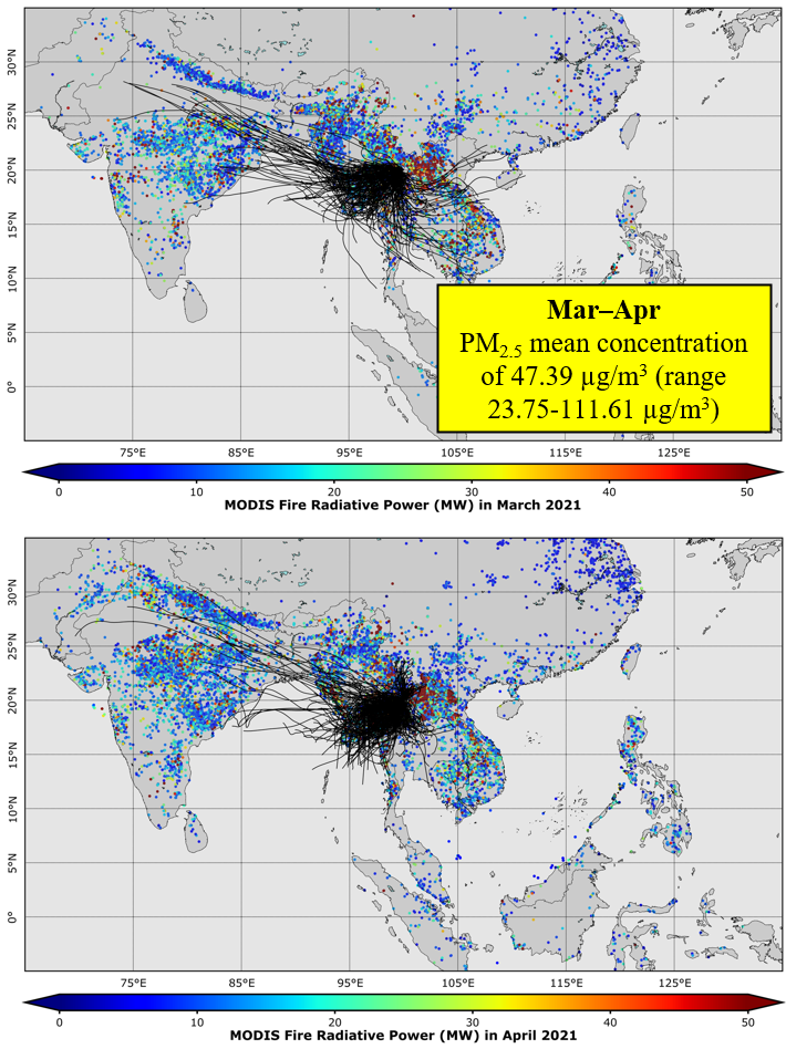 Figure 9. Maps of MODIS cumulative FRP in SEA during Mar-Apr 2021 and three-day air mass backward trajectories arrived at the sampling site in Chiang Rai.