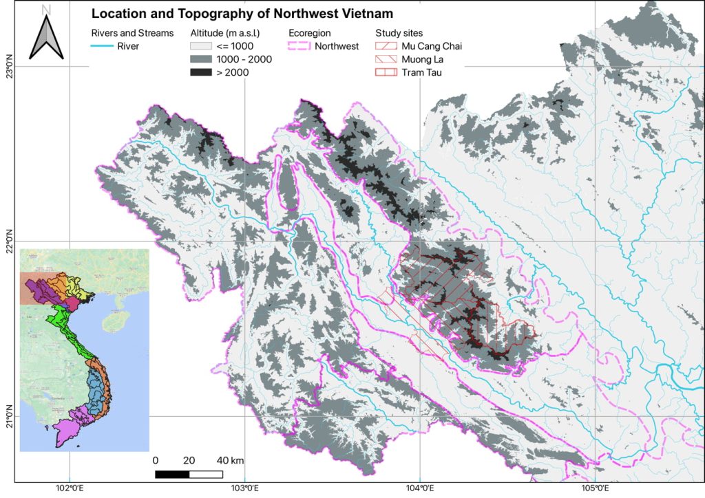 Figure 1. Location and topographic of Northwest Vietnam. Ecoregion border was adopted from Vũ Tấn Phương et al. (2012).